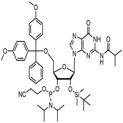 5'-O-(4,4-dimetoxitritil)-2'-O-[(terţ-butil)dimetilsilil]-N-izobutirilguanozin-3'-(2-cianoetil-N,N-diizopropil)fosforamidit