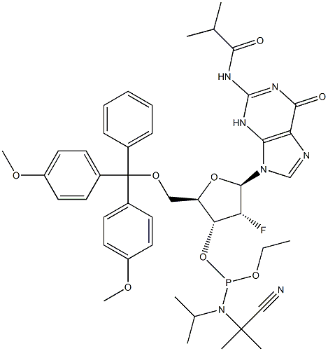 5'-O-[Bis(4-metoxifenil)fenilmetil]-2'-deoxi-2'-fluor-N-(2-metil-1-oxopropil)guanozină 3'-[2-cianoetil N,N-bis( 1-metiletil)fosforamidit]