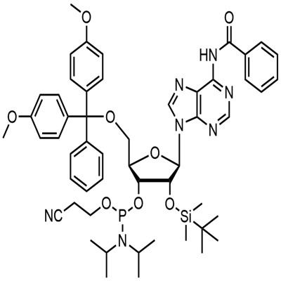 N-benzoil-5'-O-(4,4-dimetoxitritil)-2'-O-[(terţ-butil)dimetilsilil]adenozin-3'-(2-cianoetil-N,N-diizopropil)fosforamidit