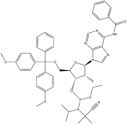 N-benzoil-5’-O-[bis(4-metoxifenil)fenilmetil]-2’-deoxi-2’-fluoroadenozină 3’-[2-cianoetil N,N-bis(1-metiletil)fosforamidit]